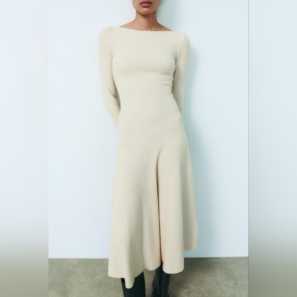 Zara 3253/850 Ecru Tilted Drop Waist Ribbed Dress - Picture 3 of 13